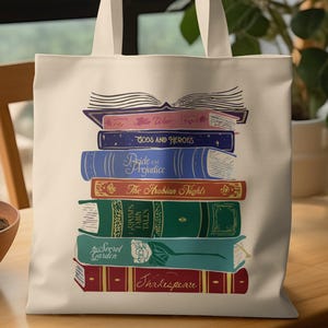 Book Lover Tote Bag , Classic Literature Book Stack Design ,Pride and Prejudice, Shakespeare Tote Bag,Teacher Gift,Bibliophile Bookish Tote