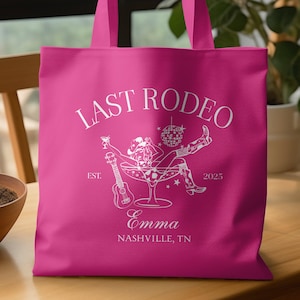 Personalized Last Rodeo Bachelorette Tote Bag , Nashville Cowgirl Party Favor , Western Boot Disco Design , Custom Name Bridesmaid Gift