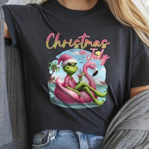 Christmas in July Shirt,Funny Grinch Summer Tee,Pool Party Holiday Shirt,Santa Flamingo Graphic,Tropical Xmas Parody Gift Idea,4th July Gift
