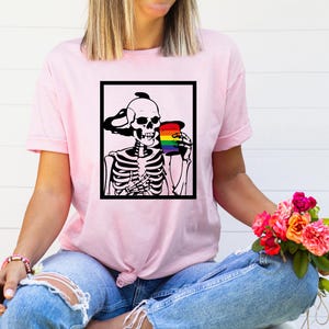Skeleton Pride Shirt , Gothic LGBTQ+ Rainbow Mug Tee ,Dark Alt Queer Graphic , Funny Halloween Gay Rights Top , Inclusive Spooky Style Shirt