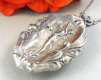 Woodland Nymph Locket Necklace, Sterling Silver Plated, Victorian Style