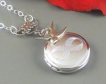 Infinity Necklace,Infinity Locket,Infinity Jewelry, Bird, Sterling Silver Locket Valentine Locket,Infinity Locket Handmade, Infinity Pendant