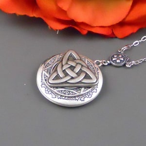 Photo Heart Celtic Knot Locket, Silver Trinity Pendant Mother Her Gift Necklace Trinity Triquetra Holy Trinity Necklace