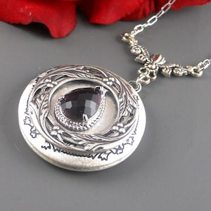 Photo Necklace Victorian Locket Amethyst Antique Silver Rhinestone Vintage Style Purple Locket Filigree Crystal Birthstone Necklace