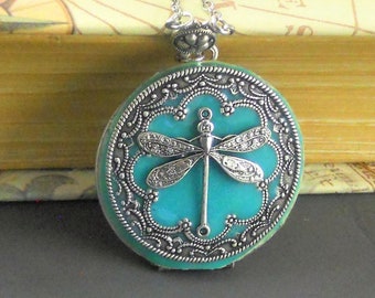 Vintage Style Locket Silver Locket Large Locket Dragonfly Locket Turquoise Locket Enamel Locket Handmade Painted Locket