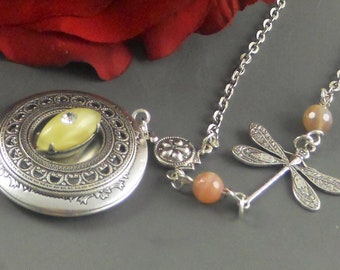 Custom Photo Silver Locket Round Silver Locket Vintage Pale Yellow Moonstone Pink moonstone Photo Dragonfly Holidays Birthstone Locket