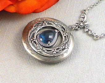 Victorian Photo Locket Necklace, Sapphire Blue Birthstone, Antique Silver