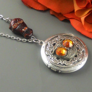 Photo Birthstone Locket Owl Topaz  Czech Glass Owl Locket Woodland Locket  Gift Retro Vintage Orange Girl Circle locket