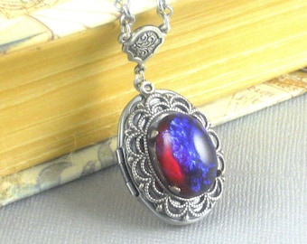 Vintage Style Dragon's Breath Locket Necklace, Antique Silver Photo Pendant