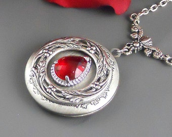 Victorian Red Rhinestone Locket Necklace, Antique Silver Floral Rosary Chain