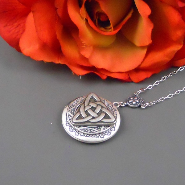 Personalized Photo Heart Celtic Knot Locket, Silver Trinity Pendant Mother Her Gift Necklace Trinity Triquetra Holy Trinity Necklace