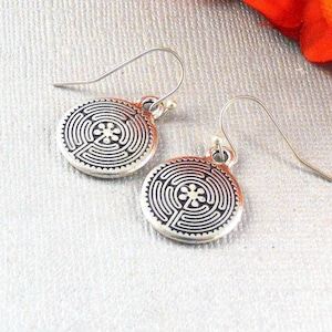 Silver Labyrinth Earrings, Sterling Silver Ear Wires Labyrinth Jewelry, Silver Labyrinth Charm, Silver Maze Earrings