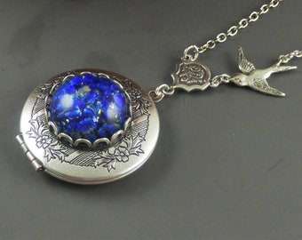 Locket Necklace Antique Silver Locke Birthstone Blue Cobalt Necklace  Locket Navy Dragons Breath Mexican Opal Locket Photo Locket