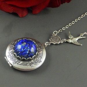 Photo Locket Necklace Antique Silver Locke Birthstone Blue Cobalt Necklaces  Pendant Navy Dragons Breath Mexican Opal Gift
