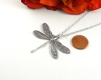 Large Dragonfly Necklace Pendant Necklace, Silver Large Dragonfly Filigree Insect Necklace Holidays pendant Insect Pendant