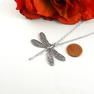 Large Dragonfly Necklace Pendant Necklace, Silver Large Dragonfly Filigree Insect Necklace Holidays pendant Insect Pendant