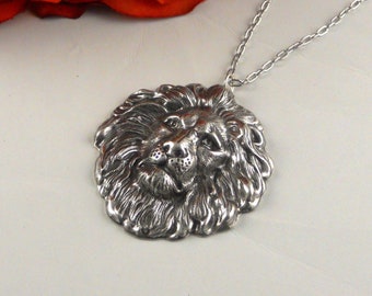 Necklace Pendant Antique Silver Lion Pendant Necklace Lion Head Pendant Zodiac Unisex Pendant Lion for Him Large Lion Pendant Necklace