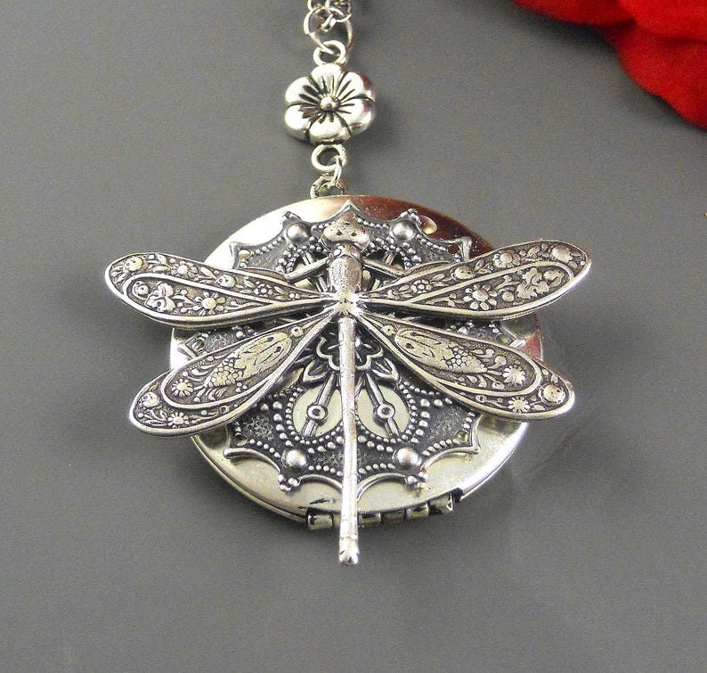 Custom Engraved Photo Large Dragonfly Locket, Locket Necklace, Silver Large Locket, Large Dragonfly, Snowflake Locket Personalized Necklace image 3