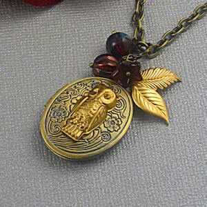 Necklace Owl Locket, Owl Necklace,  Owl, Locket Necklace, Owl, Garnet Jewelry, Garnet, Red  Brass Locket, Photo Locket-ELIZA