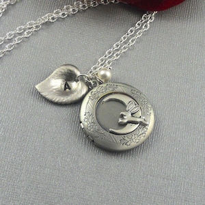 Personalized Silver Rabbit, Rabbit Necklace, The Rabbit, Rabbit Jewelry, Locket, Locket Necklace, Locket Pearl charm Love You Moon And Back image 1
