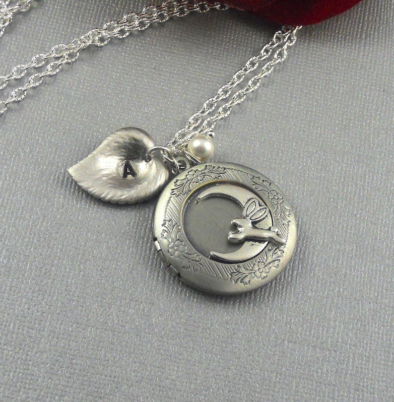 Personalized Silver Rabbit, Rabbit Necklace, The Rabbit, Rabbit Jewelry, Locket, Locket Necklace, Locket Pearl charm Love You Moon And Back image 1