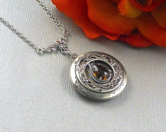 Victorian  Brown Smoky Quartz Locket Antique Silver Locket Rhinestone Vintage Neutral Color Fall  Filigree Locket Necklace