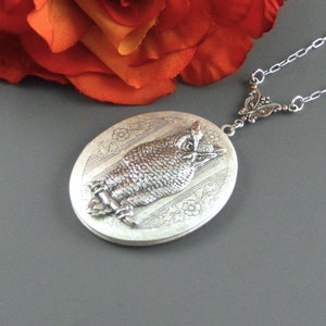 Large Oval Locket Necklace, antique silver locket, locket pendant, Owl Locket, Bird Locket, Large Owl Locket Owl Jewelry