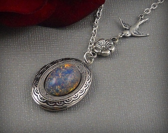 Photo Blue Opal Vintage Silver Bird Floral Flower Pendant Locket Birthstone Birthday Gift Gifts
