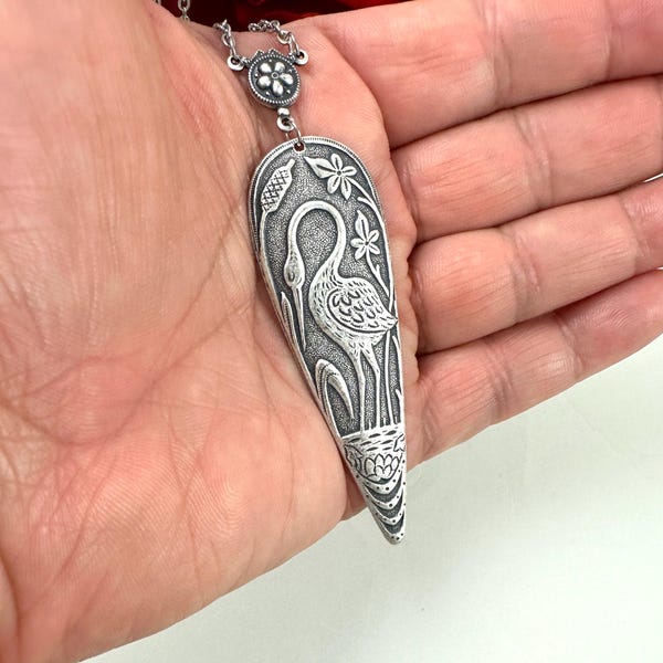 Vintage Art Deco Heron Necklace, Antique Silver Bird Pendant