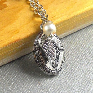 Vintage Inspired Wing Locket Necklace, Swarovski Pearl, Silver Finish