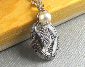 Small Oval Silver Wing Locket, Locket, Locket Necklace, Locket Jewelry- UNDER MY WINGS 2