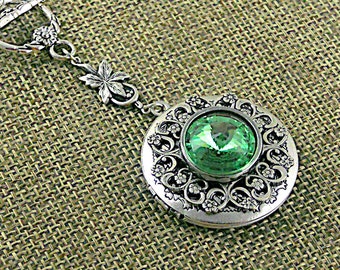 Personalized Photo Victorian Peridot Locket Antique Silver Crystal Vintage Green Birthstone Necklace Weddings Brides Bridesmaids Gift for