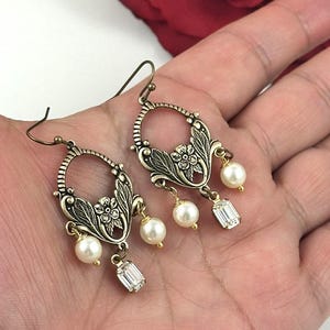 Brass Earrings Boho Earrings Dangle Brass Art Deco Earrings Handmade Antiqued Brass Art Deco Style Earring with Vintage  Pearl Stone