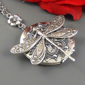 Large Dragonfly Locket, Locket Necklace, Silver Large Locket, Large Dragonfly, Filigree Locket, Snowflake Locket Holidays Locket