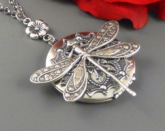 Large Dragonfly Locket, Locket Necklace, Silver Large Locket, Large Dragonfly, Filigree Locket, Snowflake Locket Holidays Locket