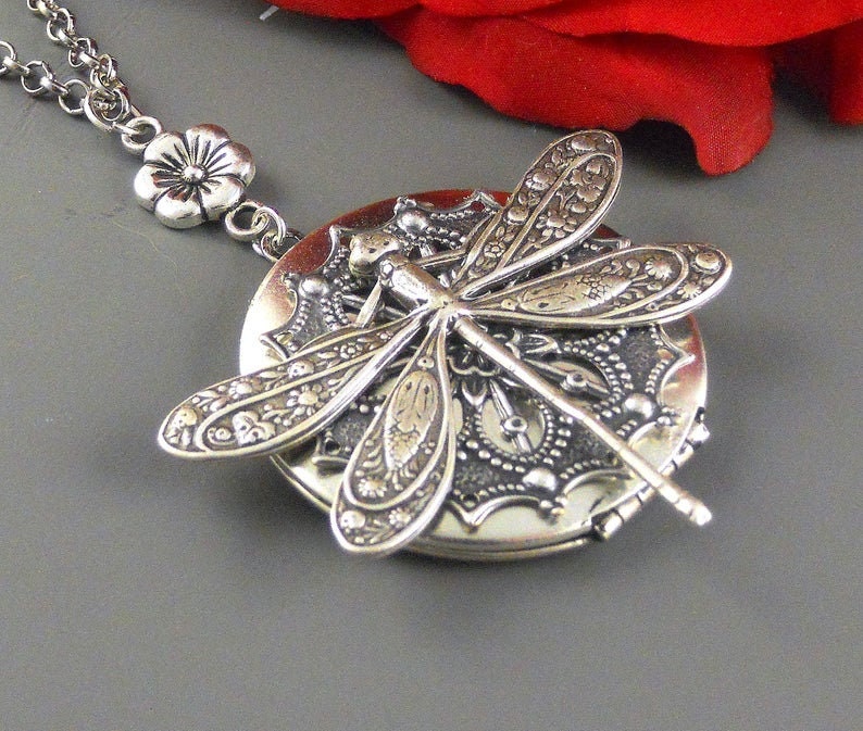 Custom Engraved Photo Large Dragonfly Locket, Locket Necklace, Silver Large Locket, Large Dragonfly, Snowflake Locket Personalized Necklace image 1