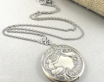 Round Peacock and Goddess Locket Silver Locket Etched Victorian Large Locket Necklace