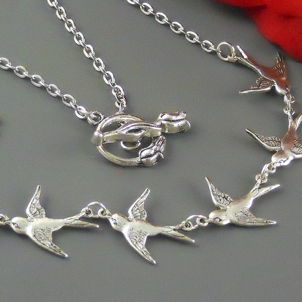 Sterling Silver Plated Five Bird Necklace, Valentine Little Birds, Silver Sparrow, Flying Birds, Gift Idea for Her Statement Necklace