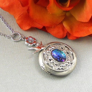 Victorian Stone Locket, Silver, Silver Locket,  Bird, Sparrow, Bird Locket,  Birthstone, Flower Locket Necklace- Luna