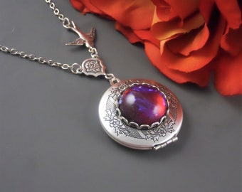 Locket Necklace Antique Silver Locke Birthstone Opal Fire Opal Necklace  Locket Garnet Dragons Breath Mexican Opal Locket Photo Locket