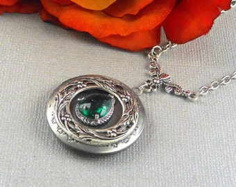 Personalized Photo Locket: Victorian Silver Emerald Green Birthstone Necklace