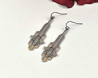 Vintage Art Deco Bee Drop Earrings: Brass Honeybee Jewelry
