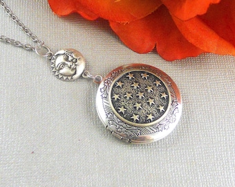 Stellar Star Locket, Silver Locket, Moon,Goddess,Star, Sun, Collar, Antique Locket, Plata, Star Jewelry