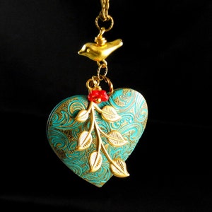 Photo Locket Necklace Pendant Large Locket Bronze Bohemian Heart Shaped Vintage Locket Patina Brass Locket Bird Red Woodland