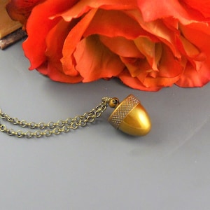 May include: A gold acorn pendant necklace with a chain. The pendant is detailed with a textured pattern. The necklace is displayed on a gray surface with a red rose in the background.