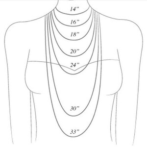 Puede incluir: Un dibujo de l&iacute;nea de un torso de persona que muestra diferentes longitudes de collar en pulgadas, de 14 pulgadas a 33 pulgadas.