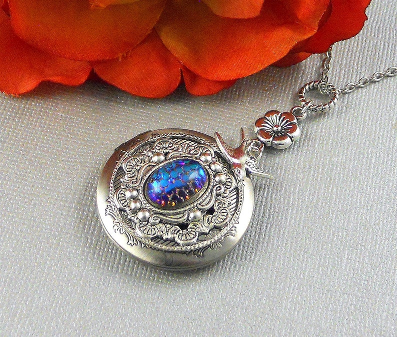 Victorian Stone Locket, Silver, Silver Locket, Bird, Sparrow, Bird Locket, Birthstone, Flower Locket Necklace Luna image 4