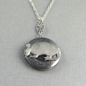 Foto Silber Gürteltier Locket Halskette Vintage Halsketten Tier Medaillon, Gürteltier Foto Gürteltier Anhänger Medaillon
