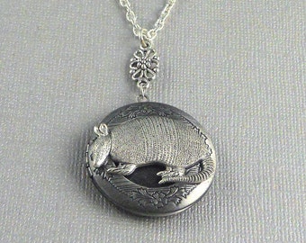 Custom Photo Silver Armadillo Locket Necklace Vintage Necklaces Animal Locket, Armadillo  Photo Armadillo Pendant Locket