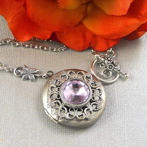 Victorian Style Silver Locket Necklace: Lavender Swarovski Crystal, Photo Keepsake